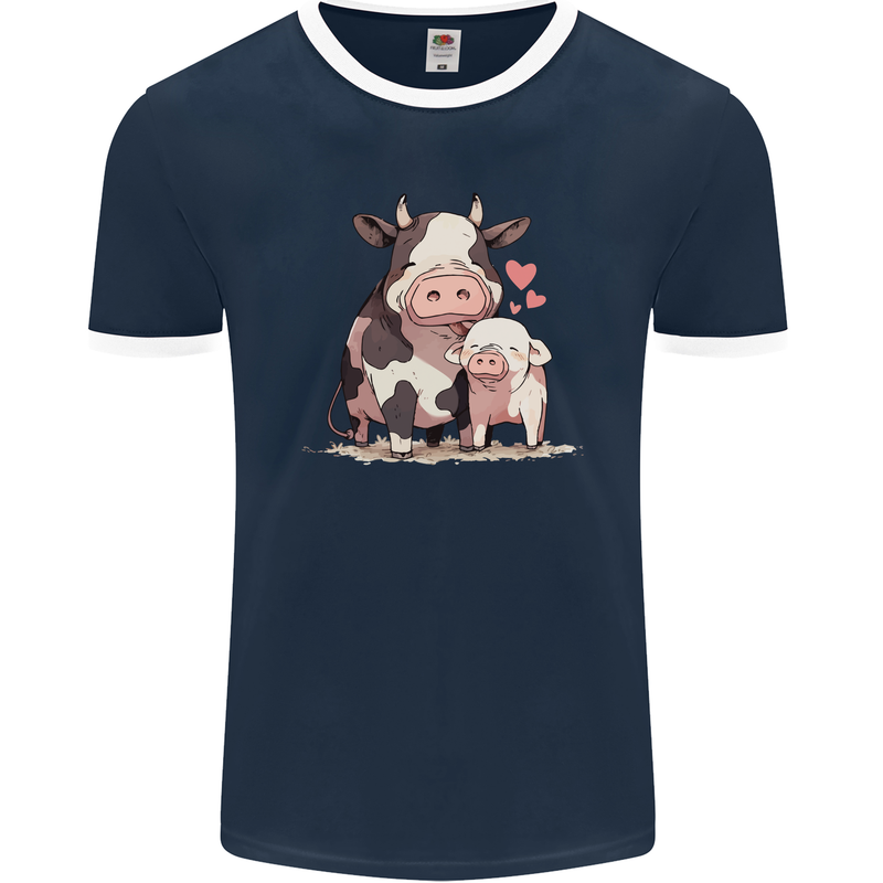 Love is a Cow and Pig Mens Ringer T-Shirt FotL Navy Blue/White