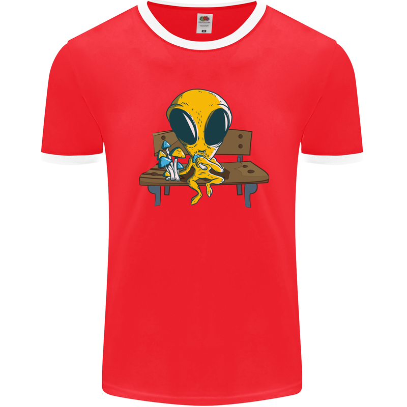 An Alien Eating Magic Mushrooms LSD Mens Ringer T-Shirt FotL Red/White