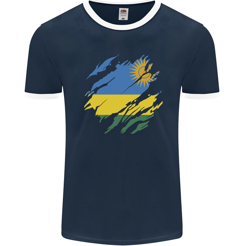 Torn Rwanda Flag Rwandan Day Football Mens Ringer T-Shirt FotL Navy Blue/White