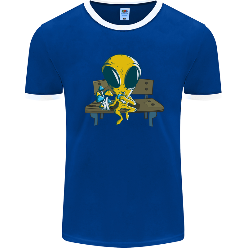 An Alien Eating Magic Mushrooms LSD Mens Ringer T-Shirt FotL Royal Blue/White