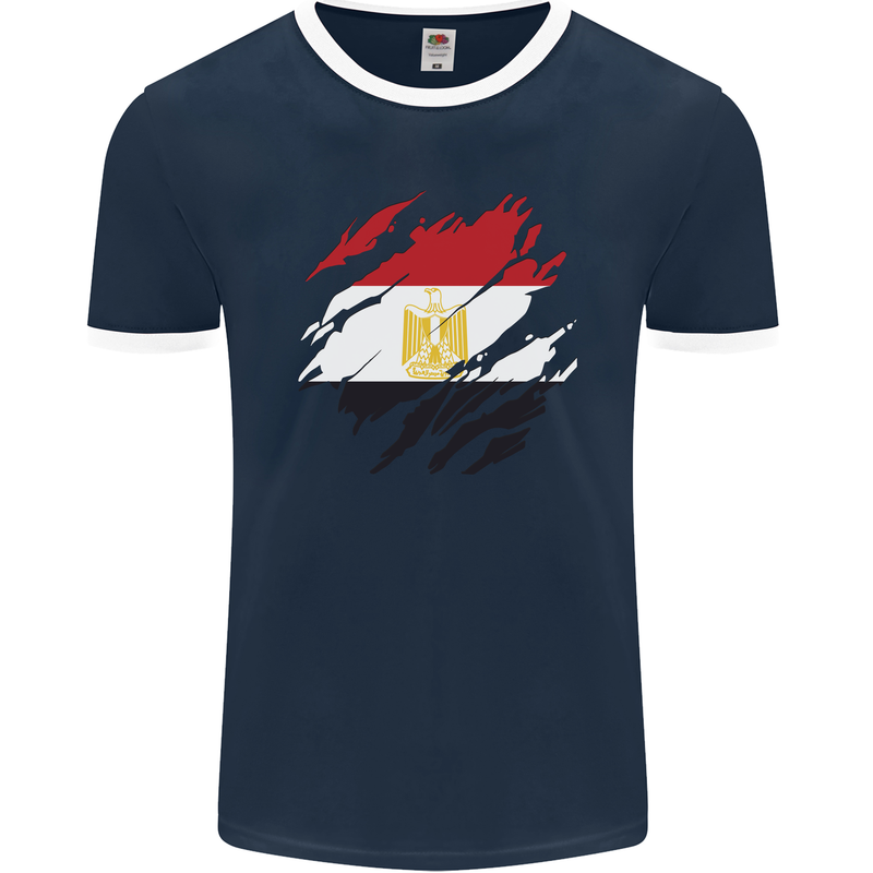 Torn Egypt Flag Egyptian Day Football Mens Ringer T-Shirt FotL Navy Blue/White