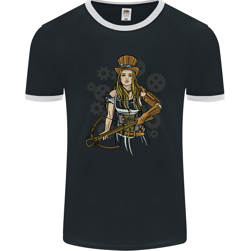 A Steampunk Woman With a Crossbow Mens Ringer T-Shirt FotL Black/White