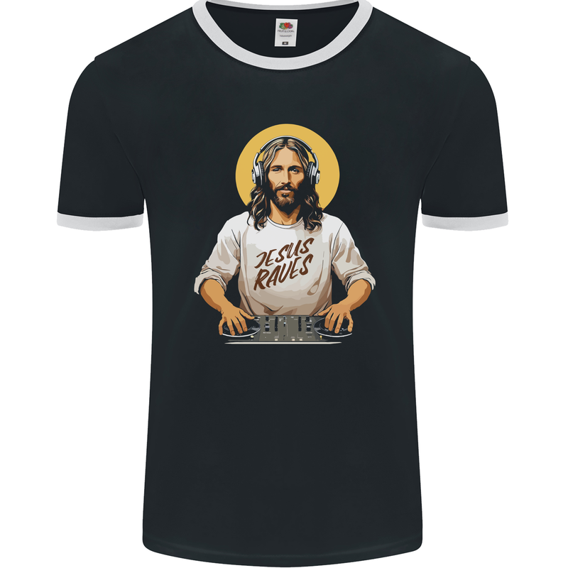 Jesus Raves Funny DJ Music Decks Christian Mens Ringer T-Shirt FotL Black/White