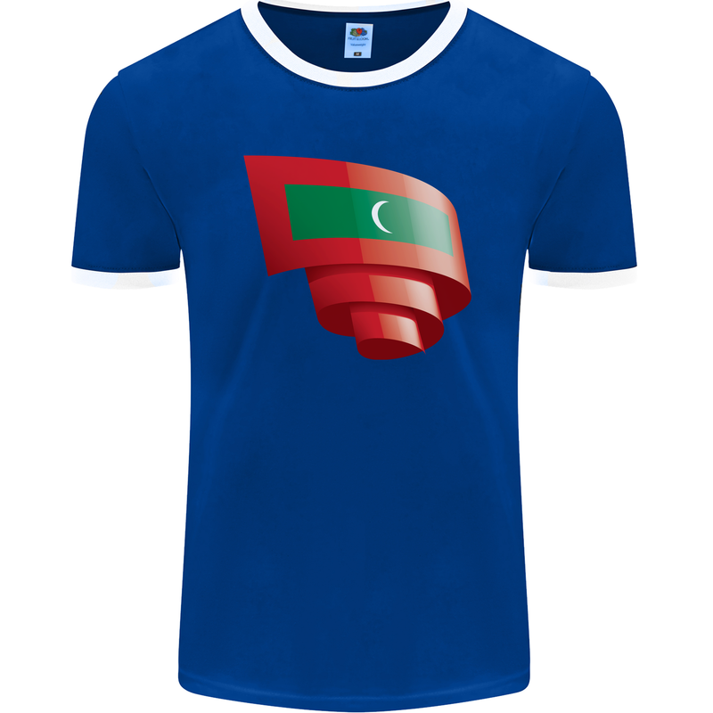 Curled Maldives Flag Maldivian Day Football Mens Ringer T-Shirt FotL Royal Blue/White