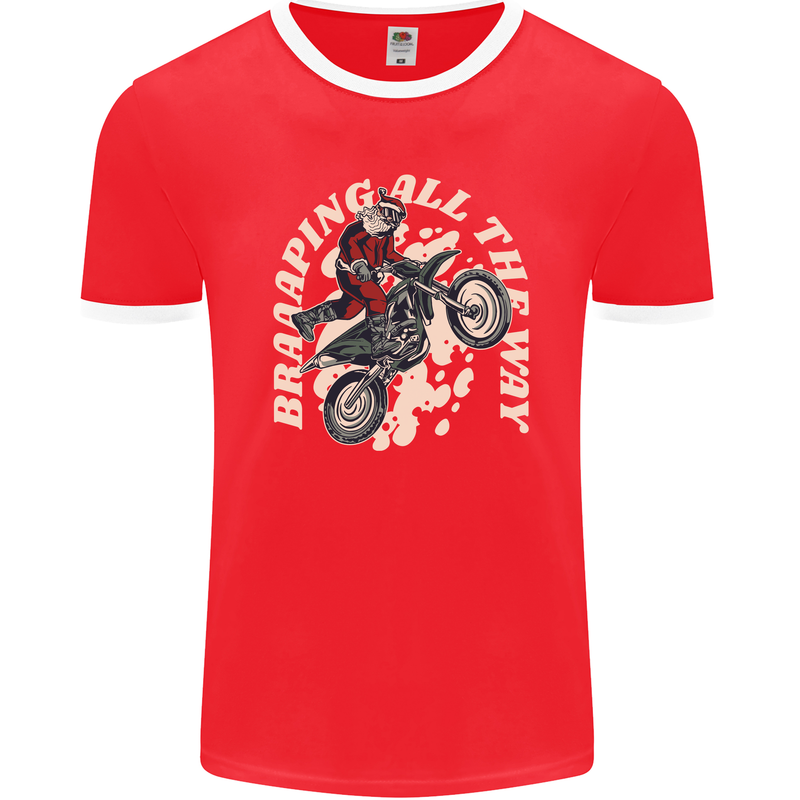 Motocross Christmas Santa MotoX Biker Motorcycle Mens Ringer T-Shirt FotL Red/White