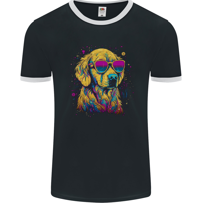 Retrowave Golden Retriever Dog Mens Ringer T-Shirt FotL Black/White