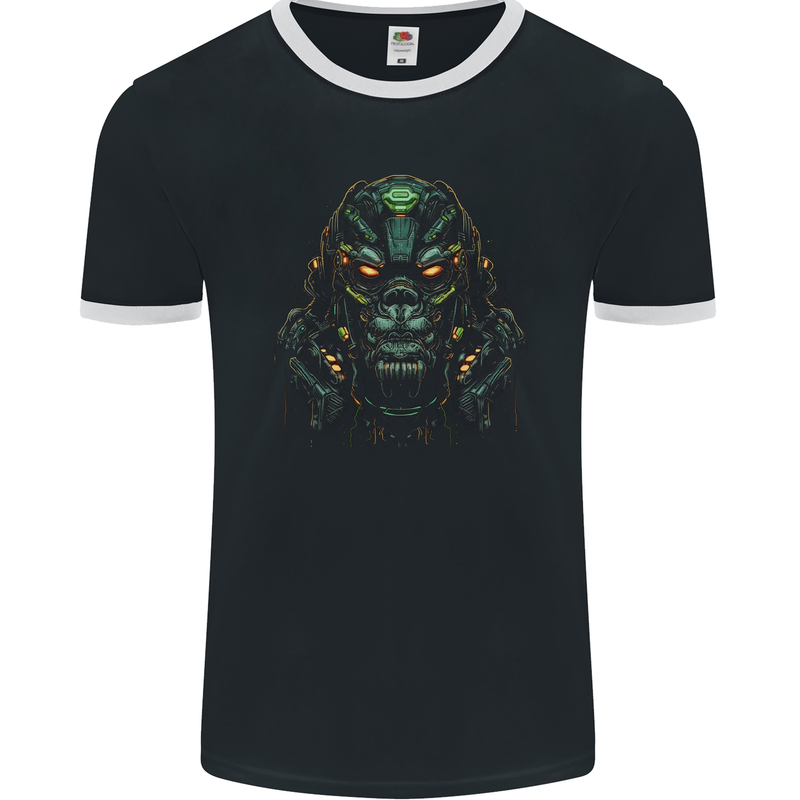 Cyber Gorilla Ape Fantasy Mens Ringer T-Shirt FotL Black/White