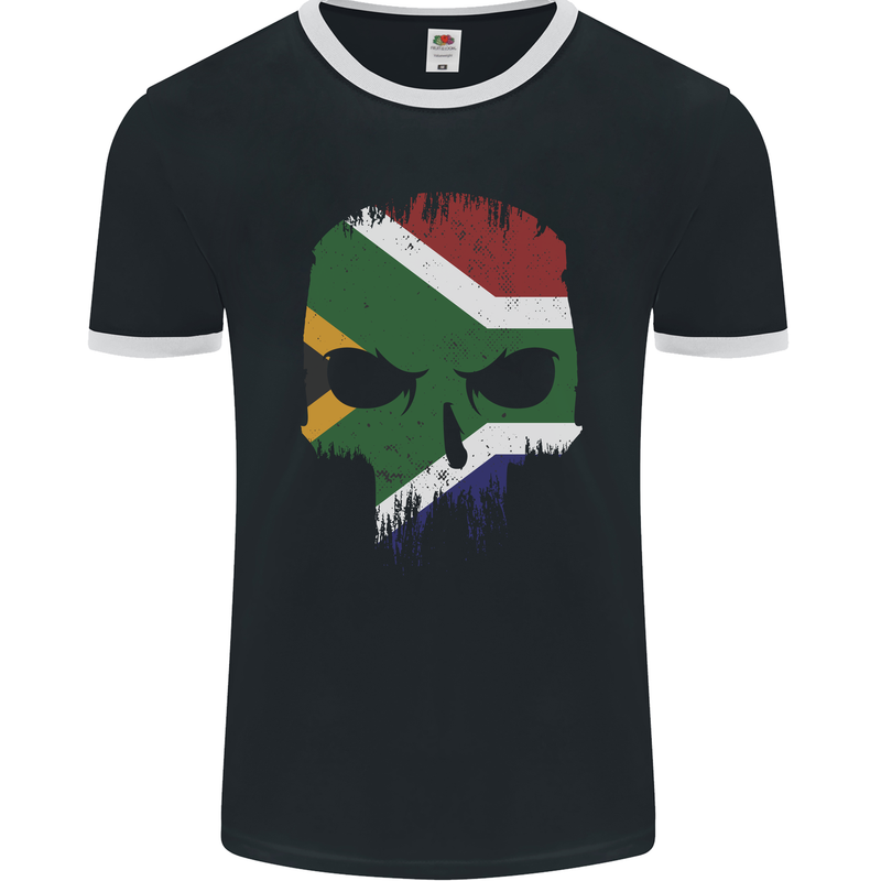 South Africa Skull African Flag Gym Biker Mens Ringer T-Shirt FotL Black/White