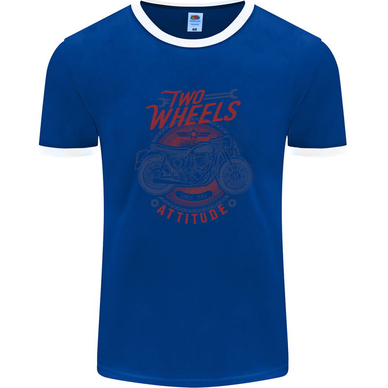 Two Wheels Attitude Motorcycle Biker Motorbike Mens Ringer T-Shirt Royal Blue/White