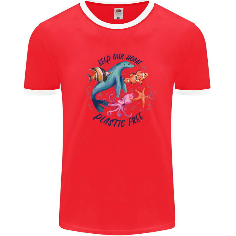 Plastic Free Climate Change Octopus Seal Fish Mens Ringer T-Shirt Red/White