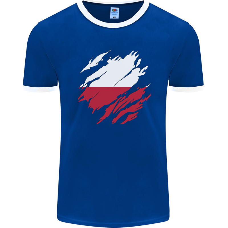 Torn Poland Flag Polish Day Football Mens Ringer T-Shirt FotL Royal Blue/White