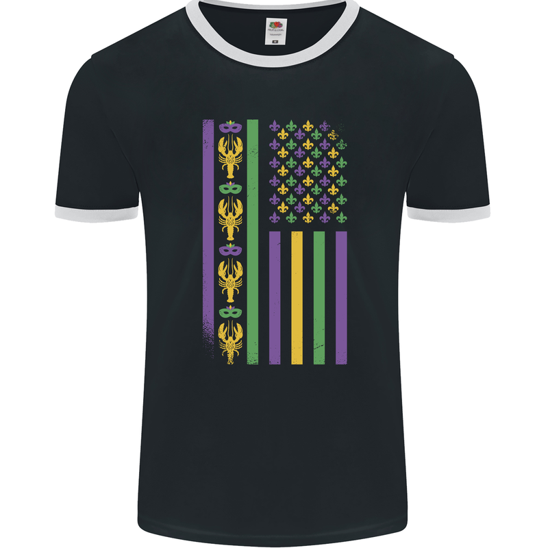 USA Mardi Gras American Flag America Mens Ringer T-Shirt FotL Black/White