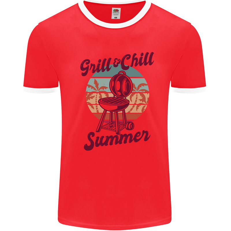 Chill & Grill Funny Summer BBQ Braai Mens Ringer T-Shirt Red/White