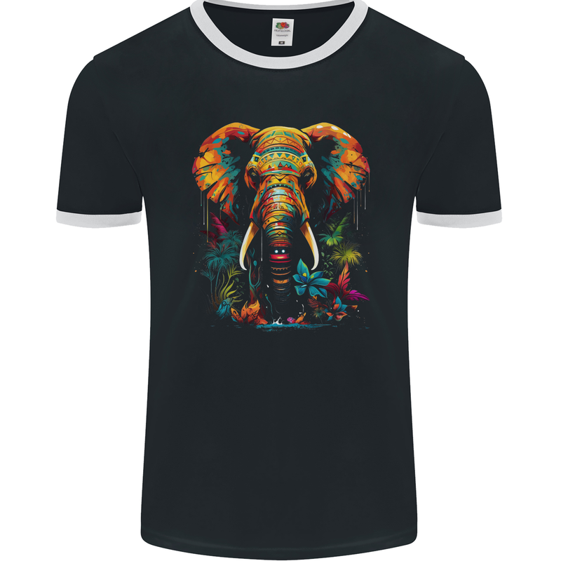 Tropical Elephant Mens Ringer T-Shirt FotL Black/White