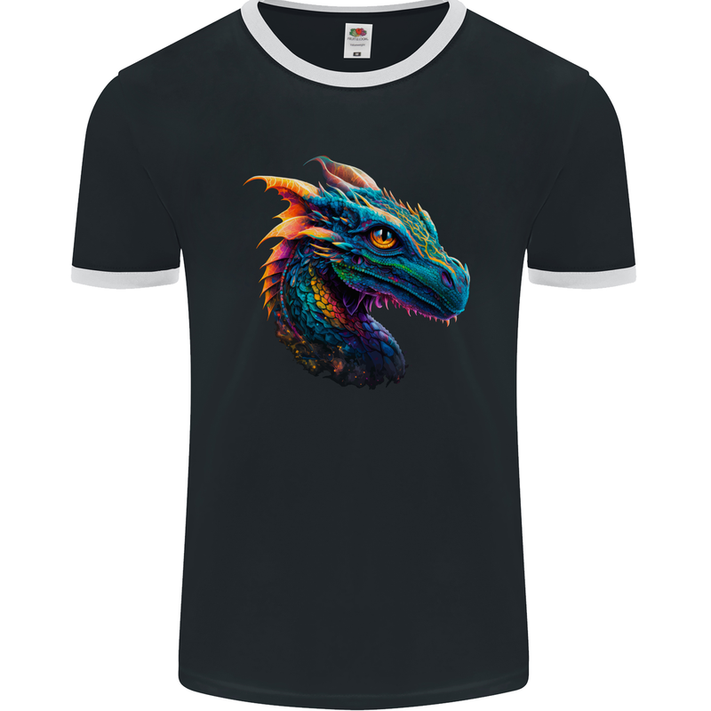 A Fantasy Colourful Dragon Mens Ringer T-Shirt FotL Black/White