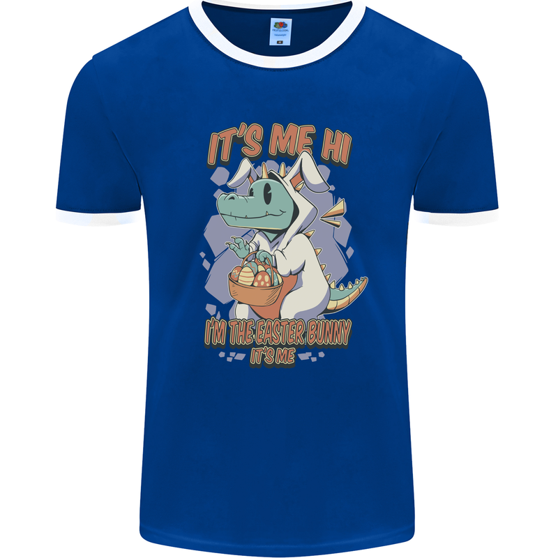 T-Rex Its Me I'm the Easter Bunny Funny Egg Mens Ringer T-Shirt FotL Royal Blue/White