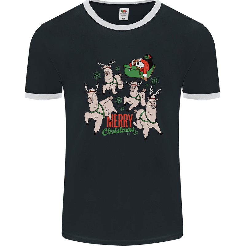 Santa & Llama Sleigh Funny Christmas Xmas Mens Ringer T-Shirt FotL Black/White