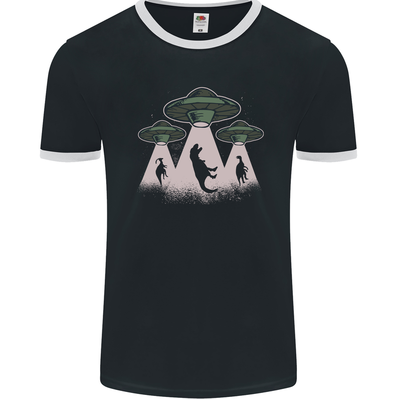 Dinosaur Abduction Funny Alien T-Rex UFO Mens Ringer T-Shirt FotL Black/White