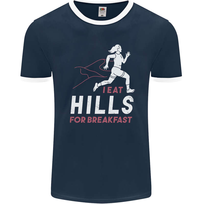 Hills Running Marathon Cross Country Runner Mens Ringer T-Shirt FotL Navy Blue/White