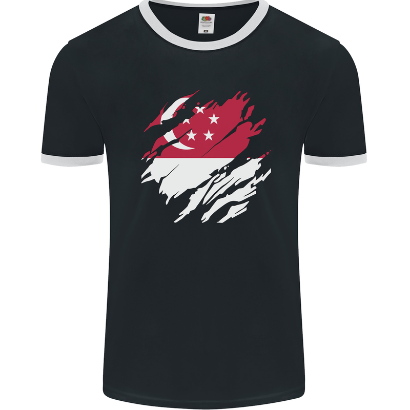 Torn Singapore Flag Singaporean Day Football Mens Ringer T-Shirt FotL Black/White