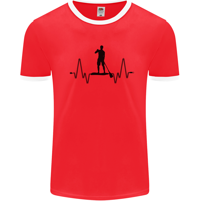 Paddleboard ECG Paddleboarding Pulse Mens Ringer T-Shirt Red/White