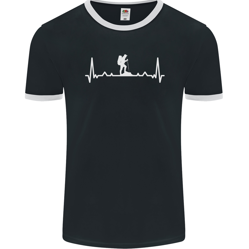 Trekking ECG Walking Rambling Hiking Pulse Mens Ringer T-Shirt FotL Black/White