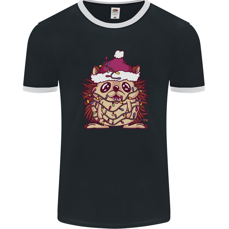 Christmas Hedgehog Wearing an Xmas Hat Mens Ringer T-Shirt FotL Black/White