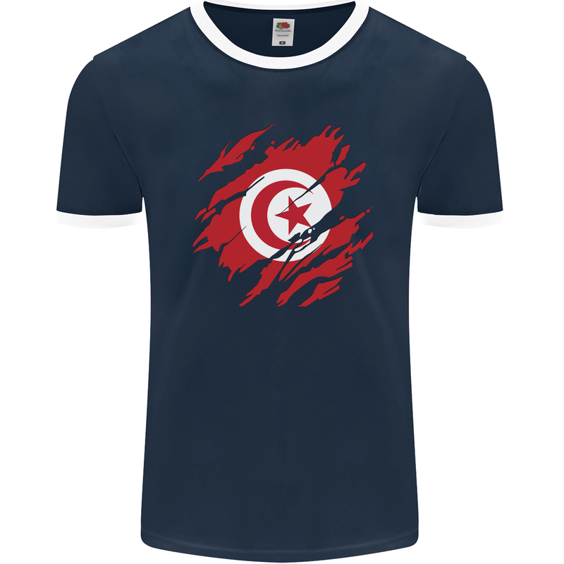 Torn Tunisia Flag Tunisian Day Football Mens Ringer T-Shirt FotL Navy Blue/White