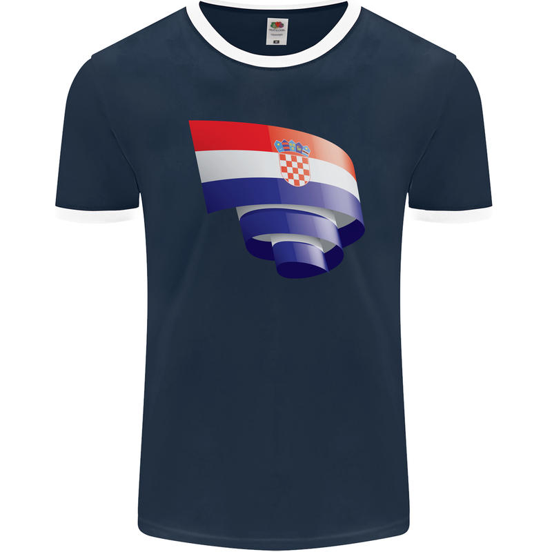 Curled Croatia Flag Croatian Day Football Mens Ringer T-Shirt FotL Navy Blue/White