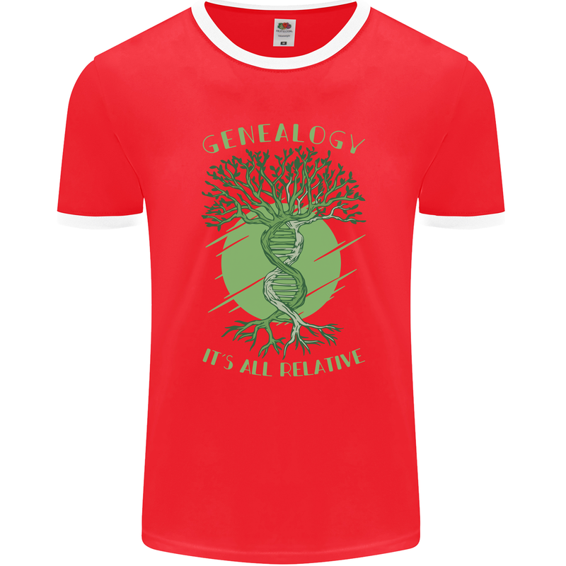 Genealogy Its All Relative Funny DNA Ancestry Mens Ringer T-Shirt FotL Red/White