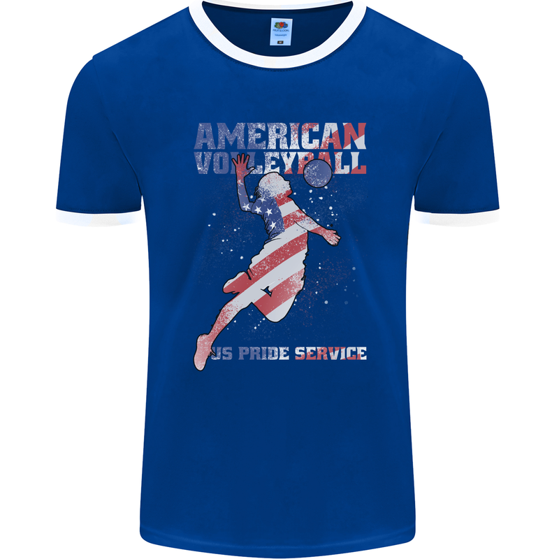 American Volleyball Player USA Flag Mens Ringer T-Shirt FotL Royal Blue/White