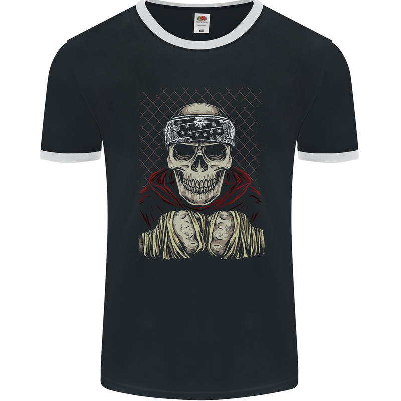 Muay Thai Kickboxing Skull Fighter MMA Boxing Mens Ringer T-Shirt FotL Black/White