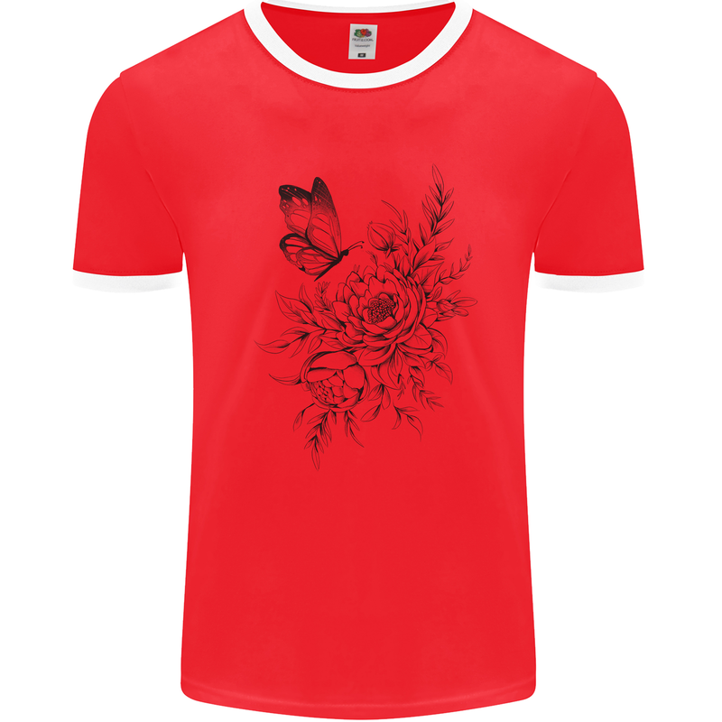 Butterfly & Flowers Mens Ringer T-Shirt Red/White