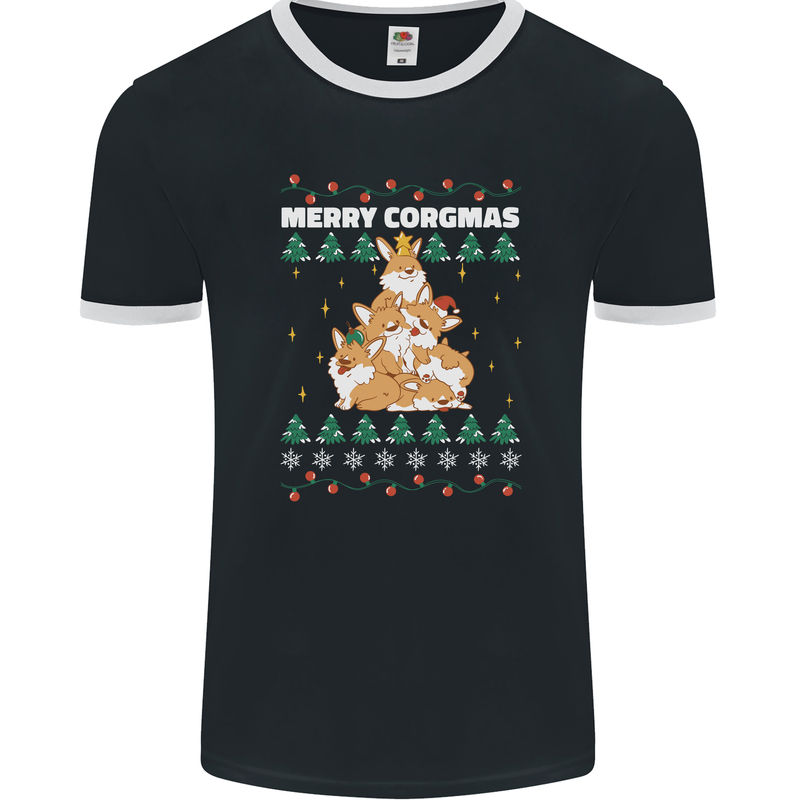 Christmas Corgi Dog Tree Xmas Mens Ringer T-Shirt FotL Black/White