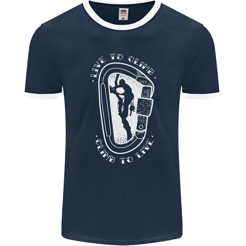 Live to Climb Rock Climbing Climber Mens Ringer T-Shirt FotL Navy Blue/White