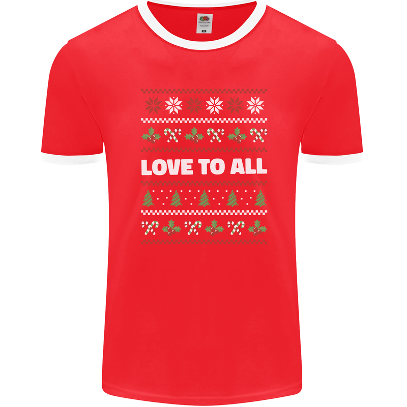 Christmas Love to All Xmas Peace Hippy Mens Ringer T-Shirt FotL Red/White