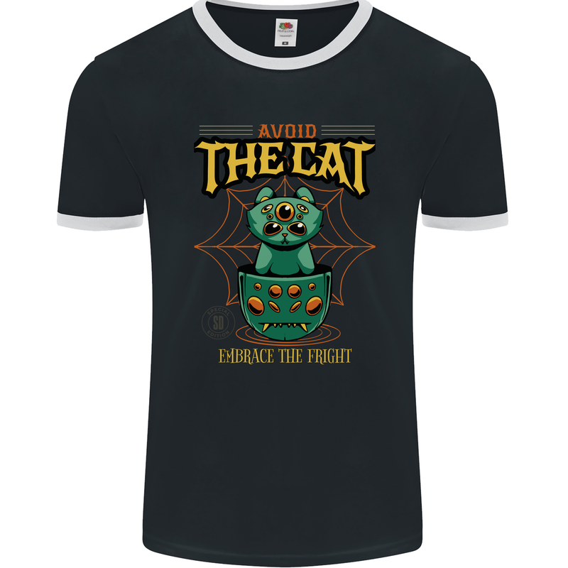 Avoid the Cat Funny Halloween Satanic Demon Mens Ringer T-Shirt FotL Black/White