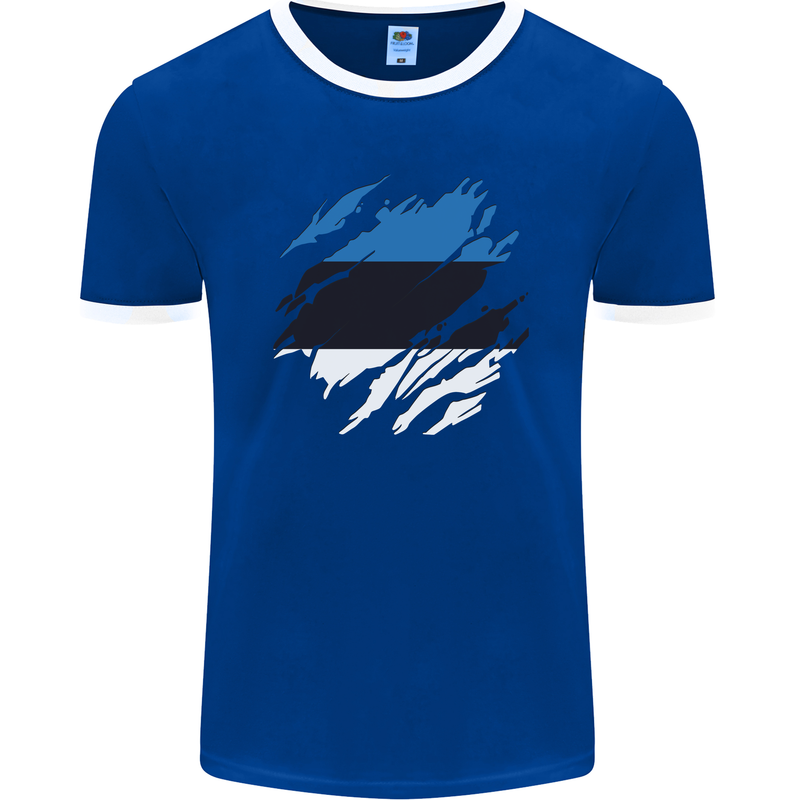 Torn Estonia Flag Estonian Day Football Mens Ringer T-Shirt FotL Royal Blue/White