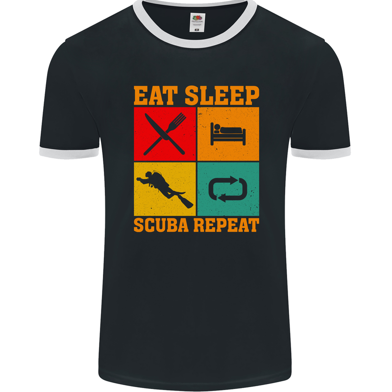 Eat Sleep Scuba Repeat Funny Scuba Diving Diver Mens Ringer T-Shirt FotL Black/White