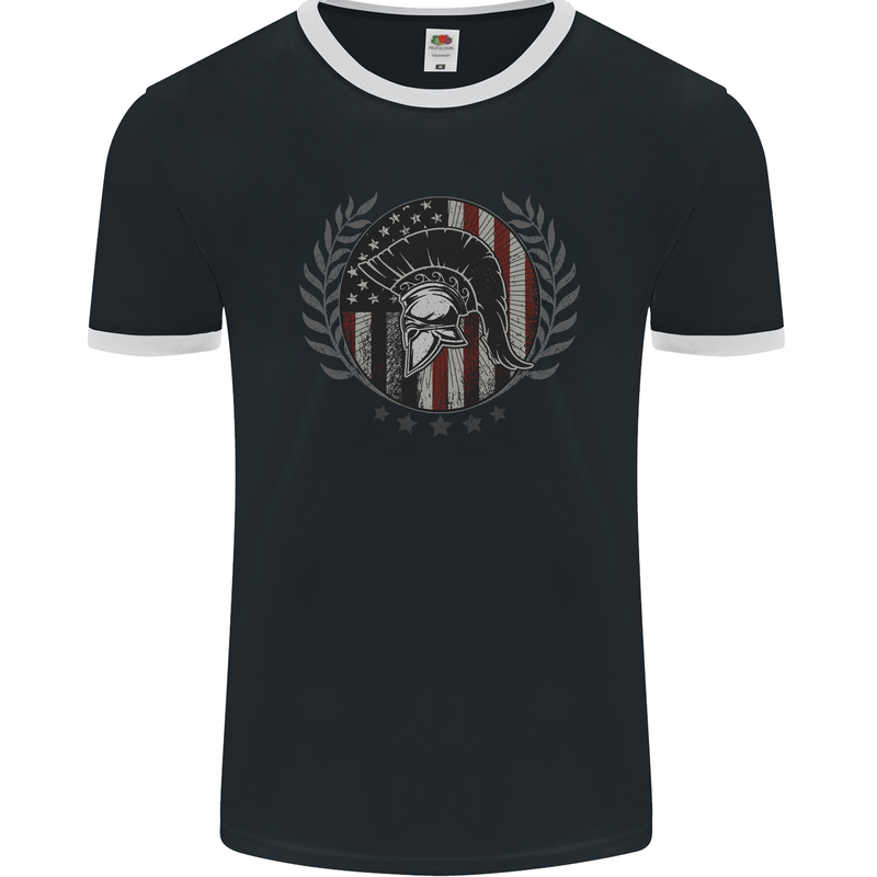 USA Bodybuilding Flag Gym Training Spartan Mens Ringer T-Shirt FotL Black/White