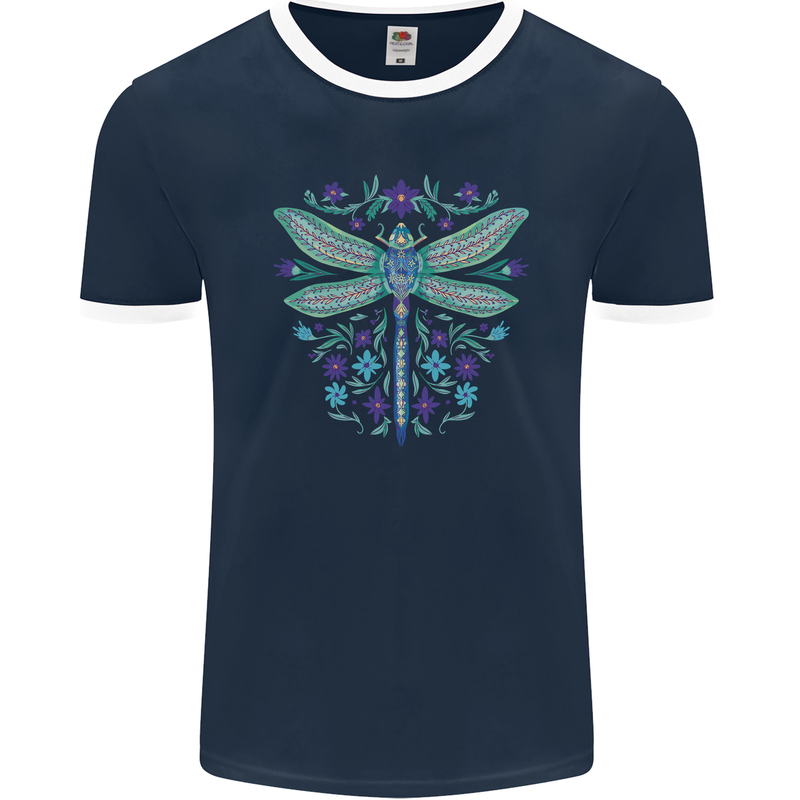 A Floral Dragonfly Mens Ringer T-Shirt FotL Navy Blue/White