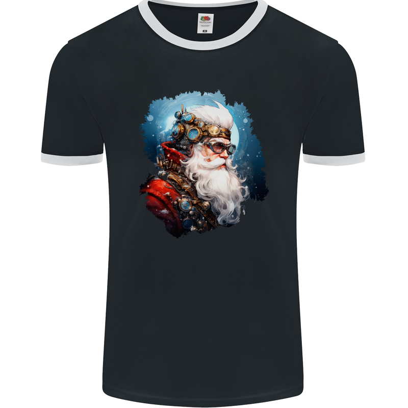 Steampunk Santa Claus Christmas Xmas Mens Ringer T-Shirt FotL Black/White