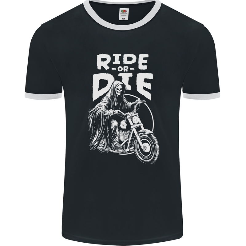 Ride to Die Grim Reaper Biker Bicycle Skull Mens Ringer T-Shirt FotL Black/White