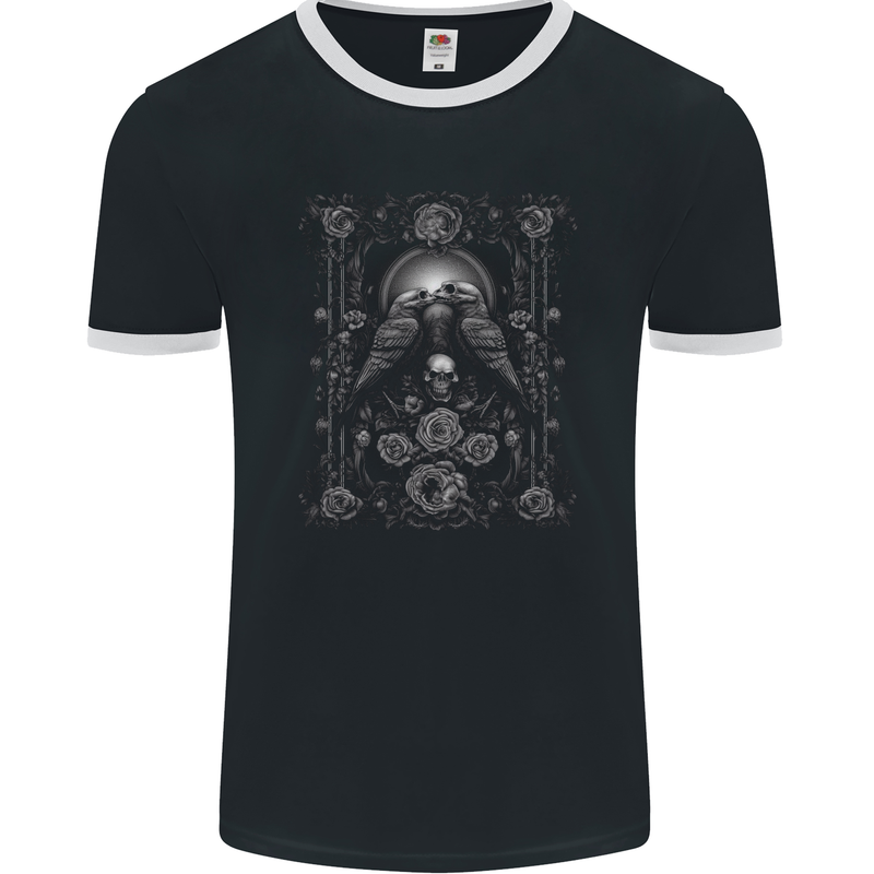 Dead Crows Skulls and Flowers Goth Gothic Mens Ringer T-Shirt FotL Black/White