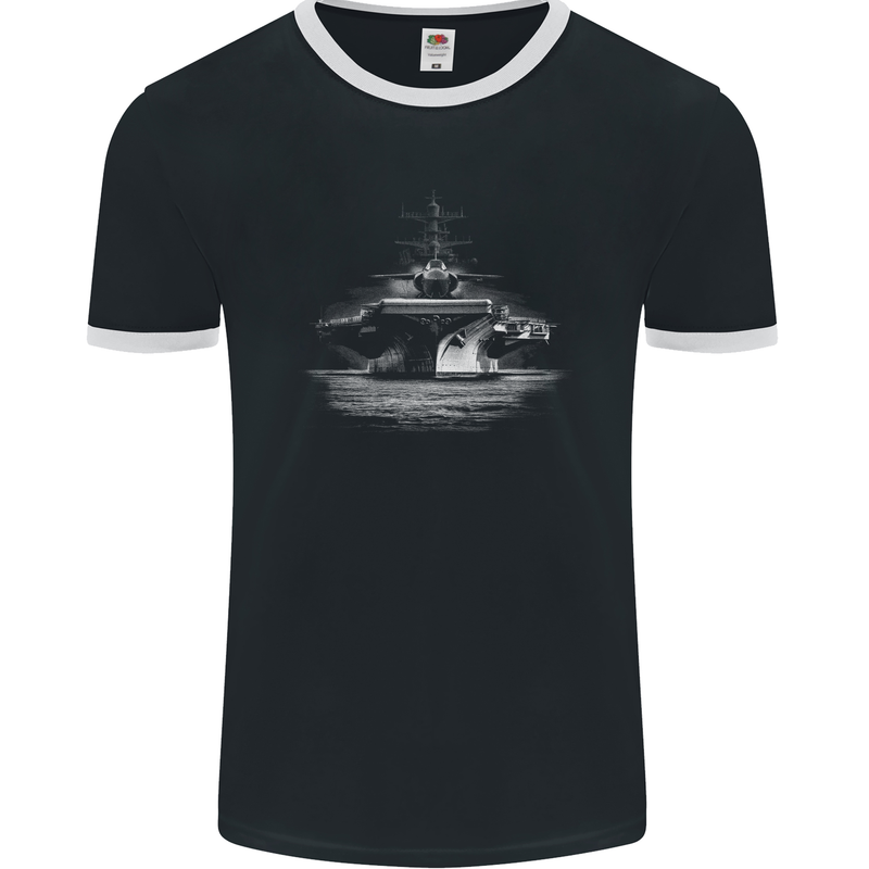 Aircraft Carrier Royal Navy Ship Sailor Mens Ringer T-Shirt FotL Black/White