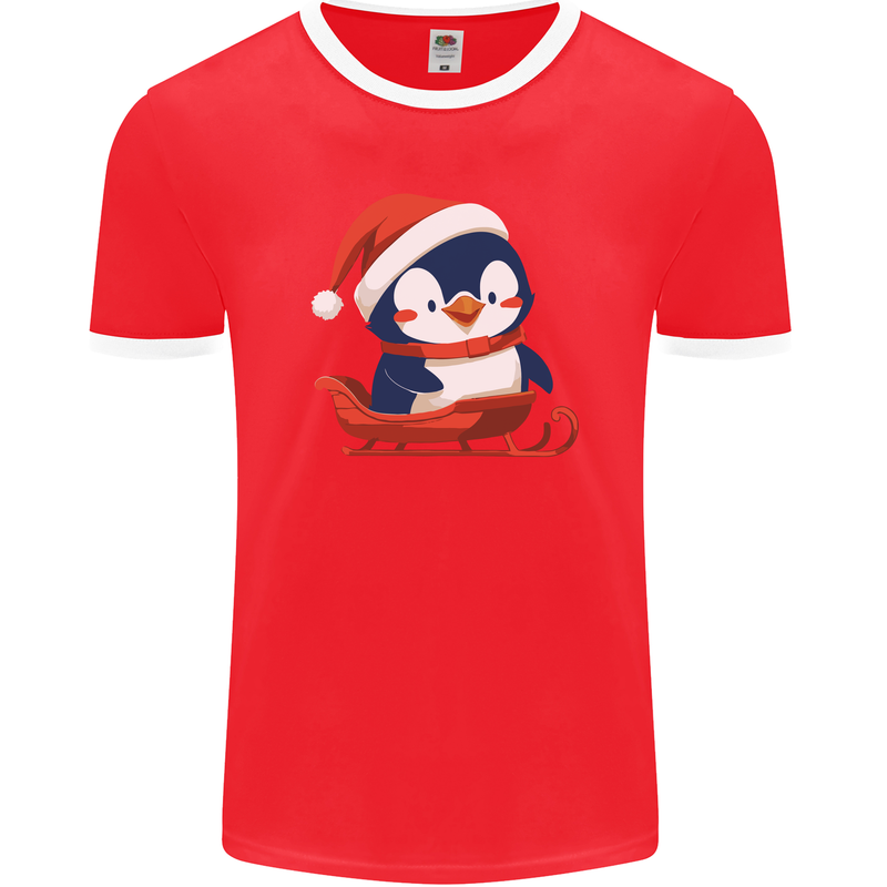 Cute Christmas Penguin & Sledge Funny Xmas Mens Ringer T-Shirt FotL Red/White