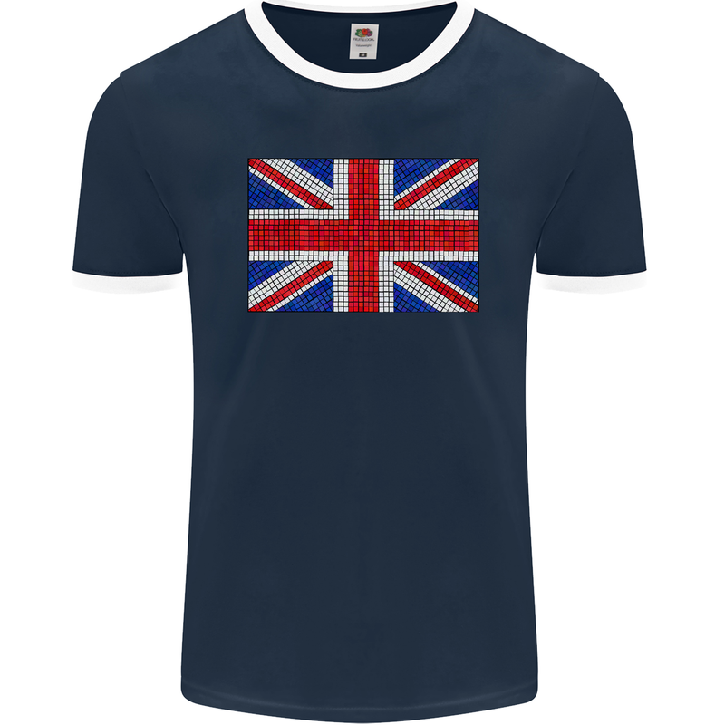 Mosaic Union Jack Flag Great Britain UK Mens Ringer T-Shirt FotL Navy Blue/White