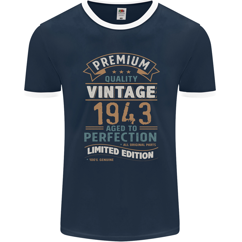 Premium Vintage 80th Birthday 1943 Mens Ringer T-Shirt FotL Navy Blue/White