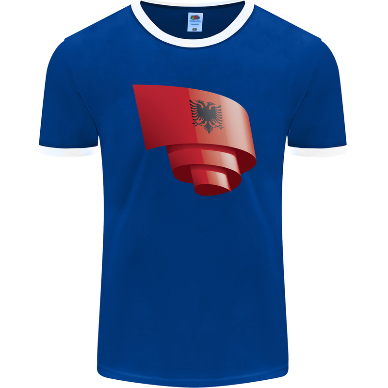 Curled Albania Flag Albanian Day Football Mens Ringer T-Shirt FotL Royal Blue/White