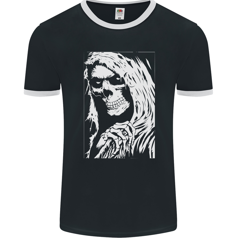The Grim Reaper Death Skull Biker Heavy Metal Mens Ringer T-Shirt FotL Black/White